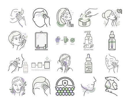 Line art skincare routine icons with cleanser toner serum moisturizer or Minimalist line art facial care icons set for skincare steps tutorial