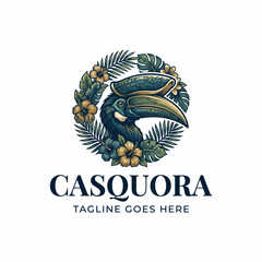 Detailed tropical bird logo featuring a hornbill surrounded by hibiscus and palm leaves, suitable for exotic nature retreats, bird sanctuaries, eco-tourism, or organic beauty brands. © aseenz imagine