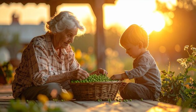 An elderly woman with white hair and a gentle smile is sitting on a wooden terrace with a little boy at sunset. They both looked engrossed in picking and sorting ket