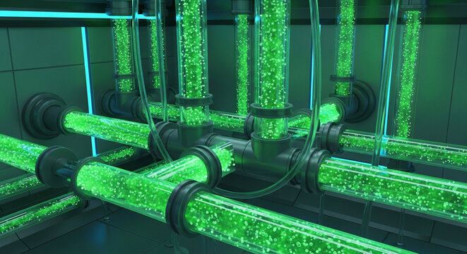Vibrant neon light emission from organic liquid energy cells inside a contemporary factory