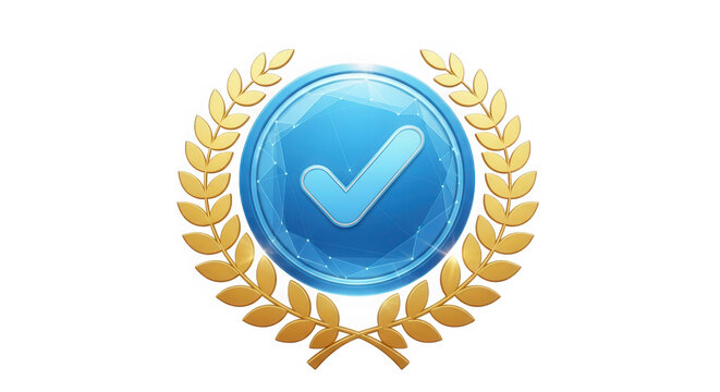 Blue check mark badge with gold laurel wreath award icon isolated on transparent background