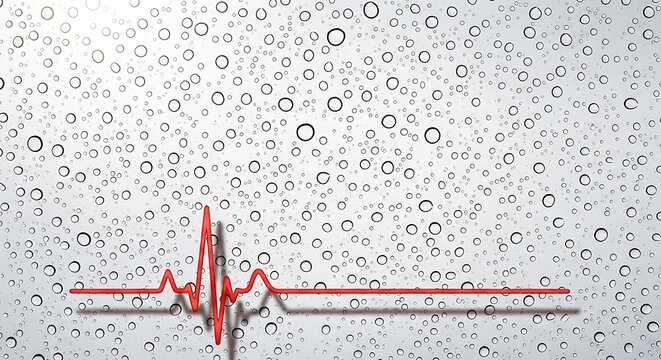 Red heartbeat pulse line on a background of water droplets