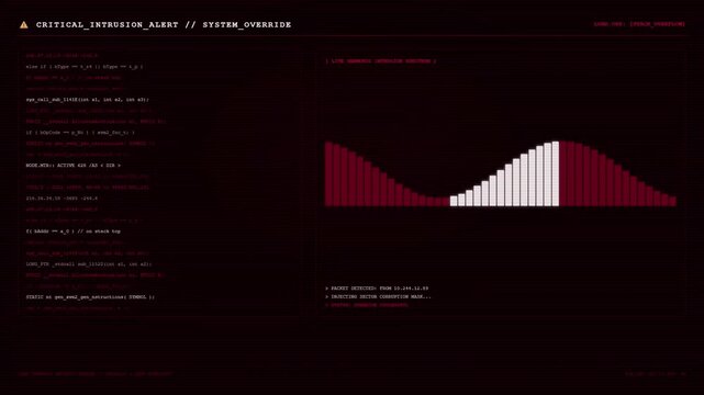 Futuristic Critical Intrusion Alert System Override Cybersecurity Hacking Red UI Dashboard Screen Display.