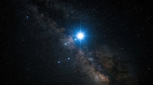 Constellation Lyra featuring the bright star Vega with diffraction spikes, set against the dense stars and dust lanes of the Milky Way galaxy, includes white constellation line overlays.