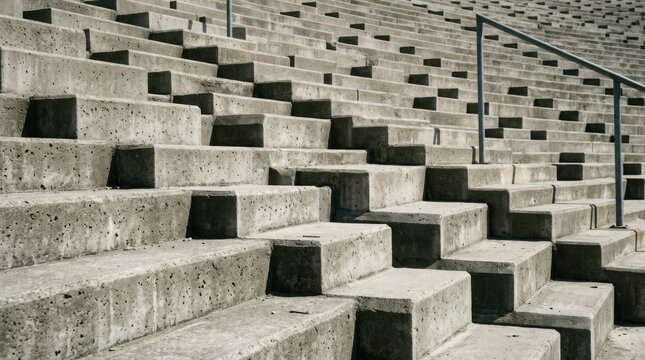 Abstract composition of concrete stadium bleacher steps in a geometric pattern with perspective depth, featuring a metal handrail and harsh sunlight creating shadows on the texture.