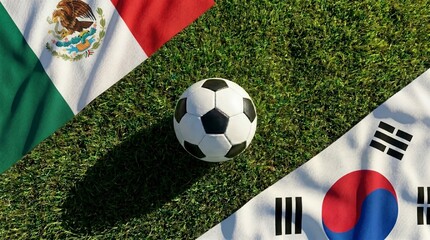 Naklejka premium Soccer ball centered between mexico and south korea national flags on green grass field representing international sports competition and tournament rivalry