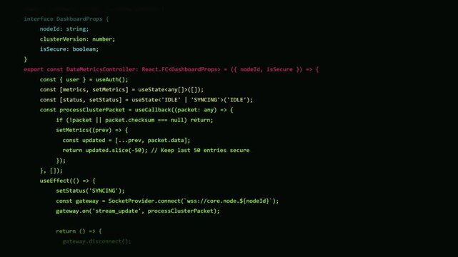 Futuristic React Source Code Terminal Web Development Coding Green Screen Display.