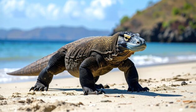 Large Komodo Dragon on Sandy Beach.
