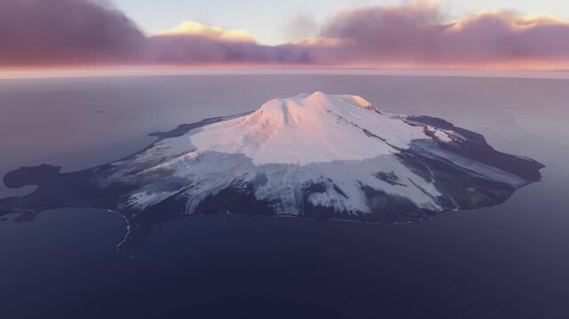 Circular aerial view snow at sunset of Heard Island and McDonald Islands. Australia