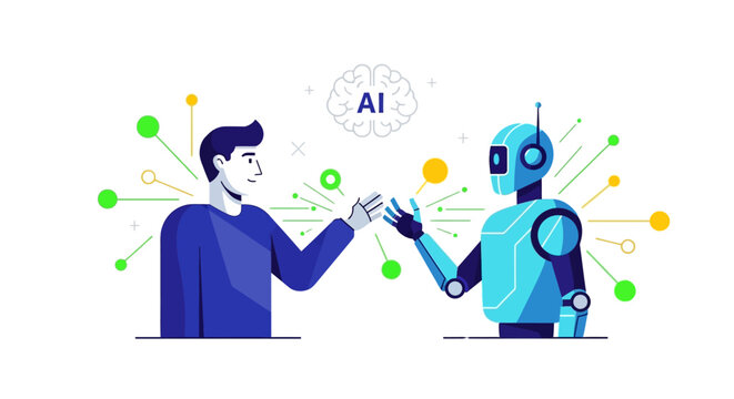 A man and robot shake hands with AI technology