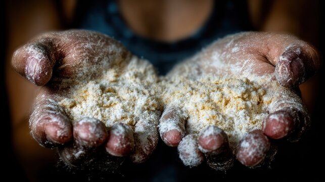 Cupped hands holding a mound of dry, granular cooking ingredient with visible texture