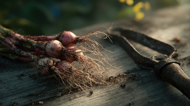 Freshly harvested bulbs with roots attached rest beside an old metal tool on weathered wood.