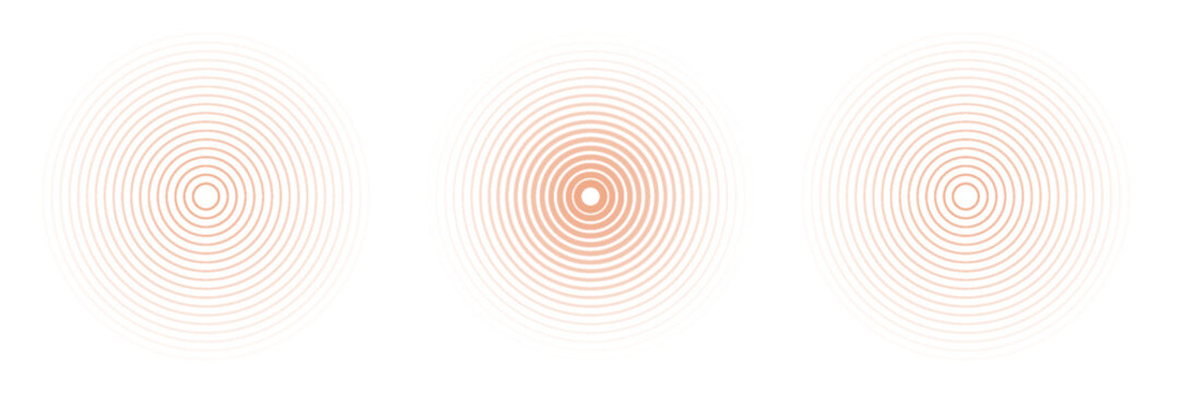 Red concentric ripple circles set. Sonar or sound wave rings collection. Epicentre, target, radar icon concept. Radial signal or vibration elements.