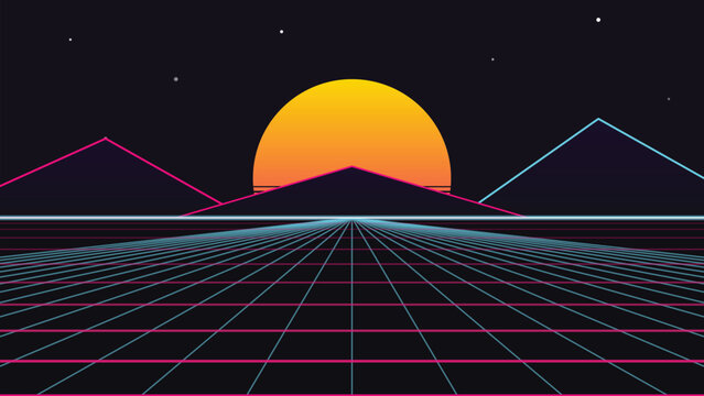 Neon Sun and Mountain Landscape 80s Retrowave Synthwave Aesthetic Digital Illustration Background for Retro Gaming Poster and Electronic Music Cover Design