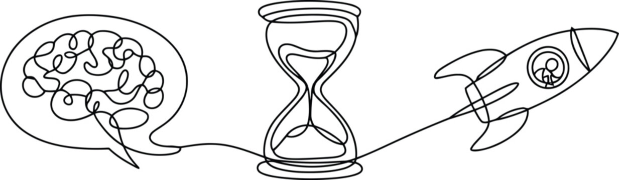 Continuous line illustrating the concept of time management and innovation with a brain speech bubble hourglass and