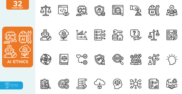 Ai ethics Vector illustration line editable icons set. Containing fairness, transparency, guidelines, artificial intelligence, ethical dilemma, explainable AI, and more. on white background.