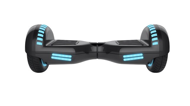 Black hoverboard, futuristic scooter, blue lights, electric ride, hover board
