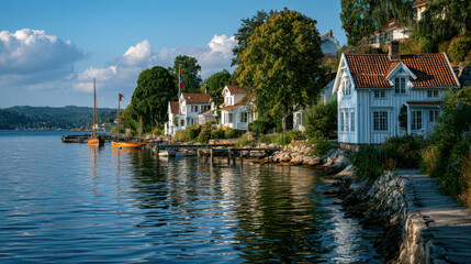 Fototapeta premium Lakeside Village Waterfront With Boats