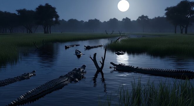 Crocodiles in swamp at night.