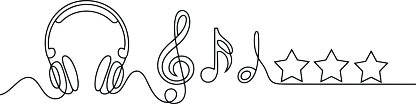 Headphones musical notes and four stars in a continuous line style on a white background