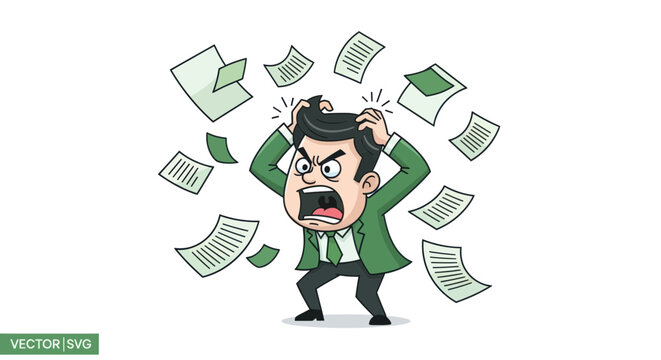 Stressed businessman with papers around him.
