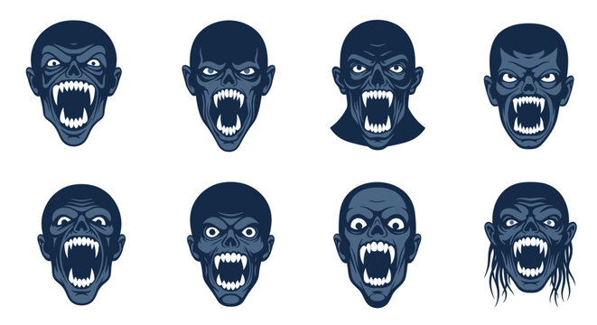 Collection of zombie faces with expressions.