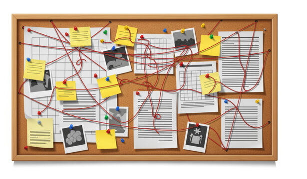 Detective Investigation Board with Notes Photos and Red String Vector Illustration