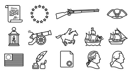 Fototapeta premium American Independence Day Revolutionary War History Icons Set.
