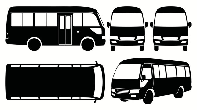Black and white silhouette set of a minibus from different perspectives.
