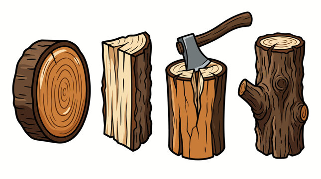 Collection of various wooden logs and firewood with a sharp axe.