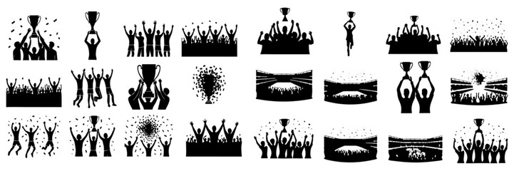 Mega set of championship victory silhouettes, stadium audience vector illustrations, players lifting cup trophy pack with cheering fans, sports victory and stadium audience silhouette bundle. © Rabiul graphic