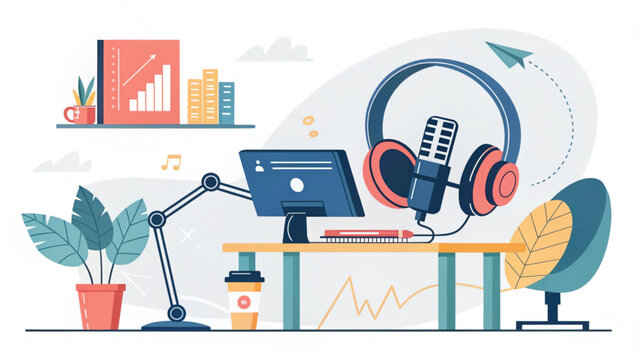 Creative podcast studio illustration with microphone headphones and computer on desk in modern workspace