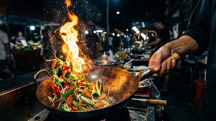 Fototapeta premium Chef cooking vegetables in a wok with large flames at night market