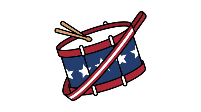 Patriotic American drum illustration with drumsticks and red white and blue design.