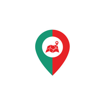 Red and green map pin icon with a stylized map inside, representing location, navigation, and travel planning