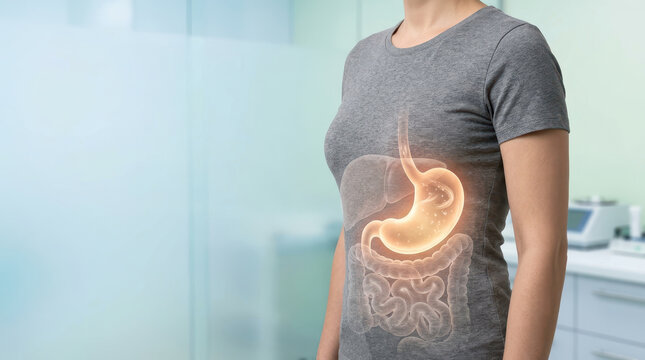 Concept of gastric health showing stomach and digestion system glowing on person torso, highlighting importance of stomach function and digestion for overall health and wellness