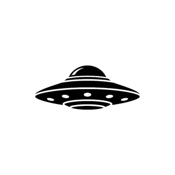 Icon of a classic flying saucer, a quintessential symbol of extraterrestrial spacecraft and alien encounters, rendered in a clean, minimalist silhouette