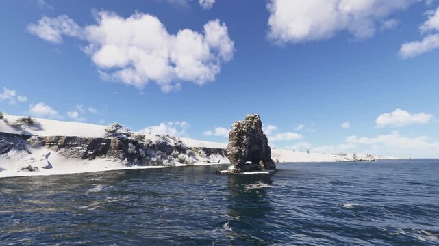 Circular aerial drone shot of Hvitserkur rock on the coast. Iceland