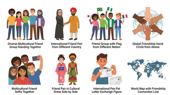 Set of diverse multicultural people friendship and global connection illustrations.