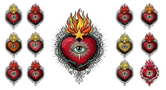 Sacred heart with eye and flames.