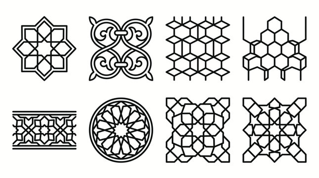 Set of Islamic geometric patterns and traditional ornamental borders.
