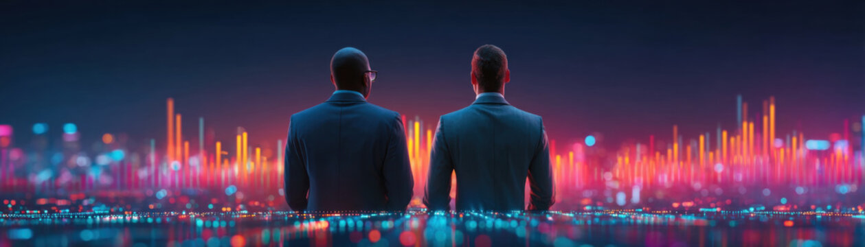 Businessman business finance data analytics chart technology stock market city skyline two men suit back view neon light pandemic and economic