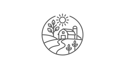 Rural farm icon featuring a barn house and path. © Ucul