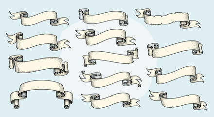 Collection of vintage parchment scroll ribbons and banners in hand-drawn engraving style isolated on light blue background.