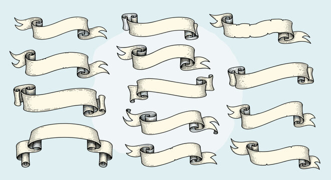 Collection of vintage parchment scroll ribbons and banners in hand-drawn engraving style isolated on light blue background.