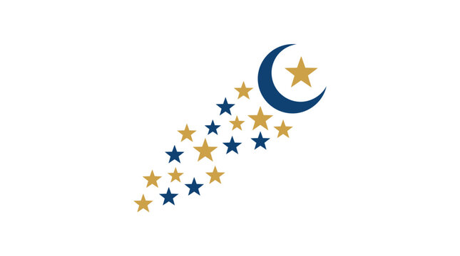 Stylized crescent moon and star trail design.