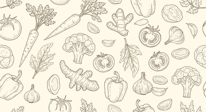 Seamless pattern of various hand drawn fresh vegetables including tomatoes, carrots, peppers, and garlic on parchment.