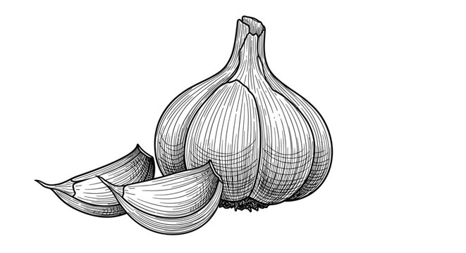 Vintage style botanical etching of a whole garlic bulb and several separate cloves on a clean white background.