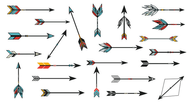 Set of decorative tribal arrows with colorful fletching and various arrowhead designs for ethnic or bohemian projects.