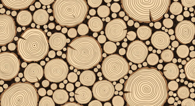 Seamless background pattern of cut tree logs showing various sizes of wood rings and natural growth textures.